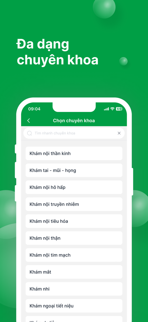 BV Quân Y 175 - Military Hospital 175 app interface showing a list of medical specialties for appointment booking