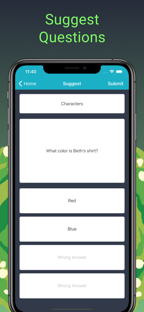 Interface for users to suggest their own trivia questions in the Rick and Morty Fan Quiz app