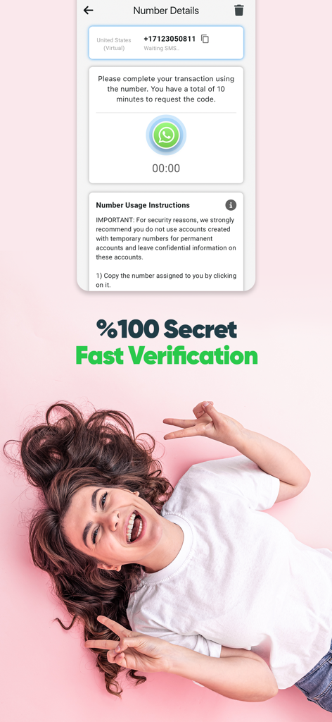 vNum: Second Phone Number - 秘密のSMS認証用の仮想電話番号を表示するvNumモバイルアプリ画面