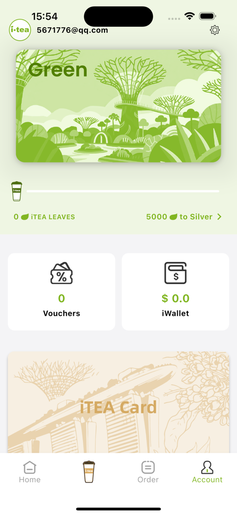 The account page of the itea mobile app displaying loyalty rewards and digital wallet information