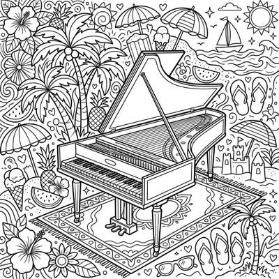 Unleash your creativity with this unique coloring page featuring a classic clavichord amidst a lively summer beach scene, specially designed for teens. Discover a harmonious blend of musical elegance and tropical fun, perfect for hours of artistic expression.