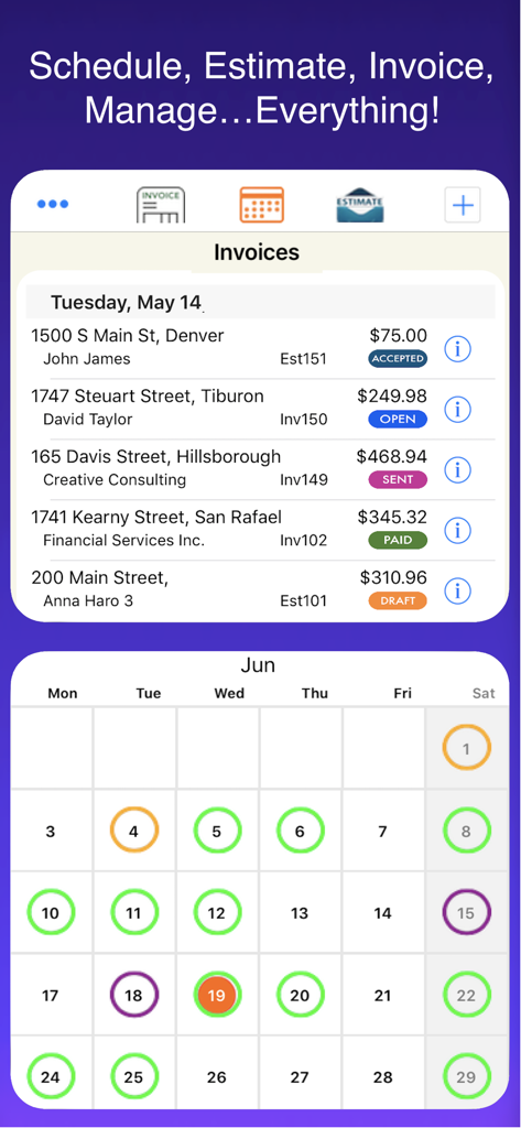 Painel do aplicativo HVAC Pro mostrando faturas de clientes e calendário de agendamento de serviços