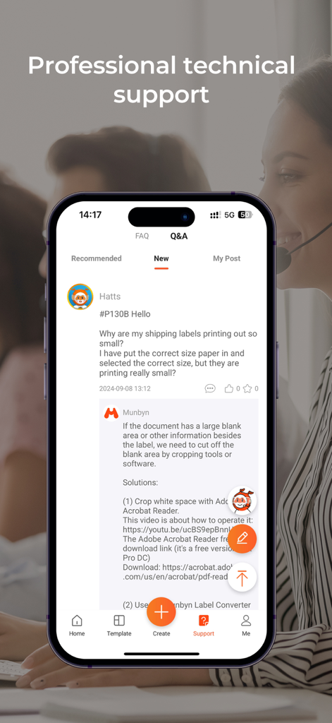 Munbyn Print - Munbyn Print app interface showing the professional technical support Q and A section with a detailed troubleshooting response for shipping labels