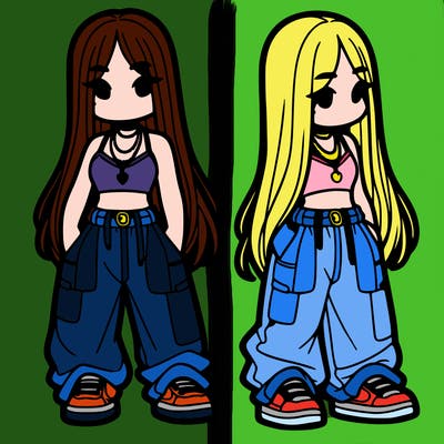 girl in baggy pants crop top and long hair