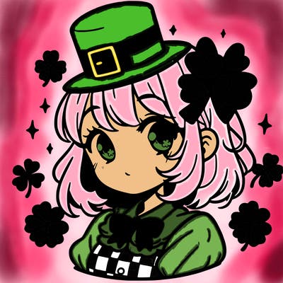 a manga-style girl with clovers around her, a little hat in her hair, like it's saint patrick's day