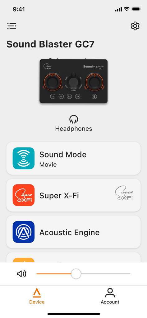 The Creative app interface displaying audio configuration options for the Sound Blaster GC7