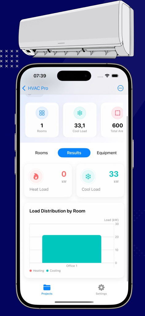 HVAC Calculator ProX - HVAC Calculator ProX app interface displaying cooling load results and room distribution chart on an iPhone