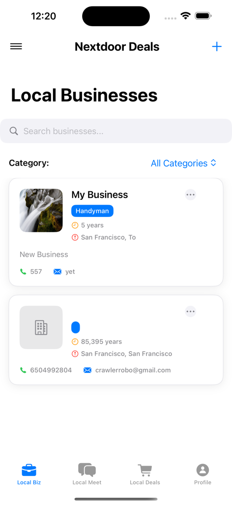 Schermata della directory delle attività locali nell'app Nextdoor Deals che mostra elenchi di fornitori di servizi a San Francisco