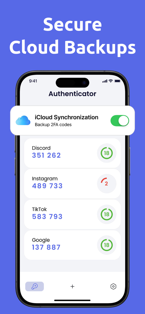 Authenticator for Discord - iPhone screen showing the iCloud synchronization feature and 2FA codes for Discord and other platforms