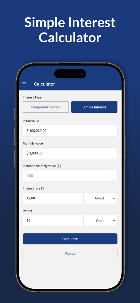 Compound Interest Pro - Pantalla de calculadora de interés simple que muestra los valores de inversión y la configuración de la tasa de interés