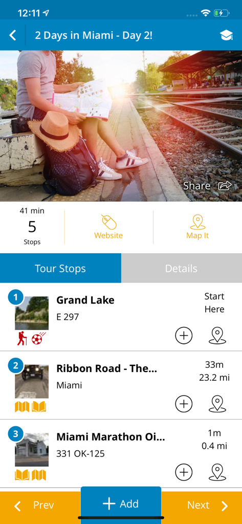 App screen showing a 2-day itinerary planner for Miami Oklahoma with tour stops like Grand Lake and Ribbon Road