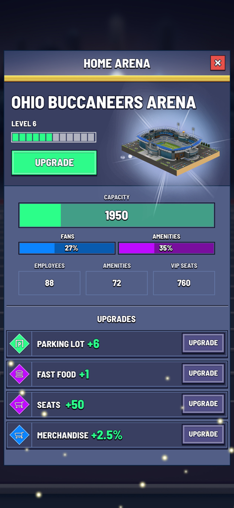 Blitz Football Franchise 2024 - 블리츠 풋볼 프랜차이즈 2024의 오하이오 부카니어스 경기장 통계 및 업그레이드 옵션 표시 경기장 관리 화면
