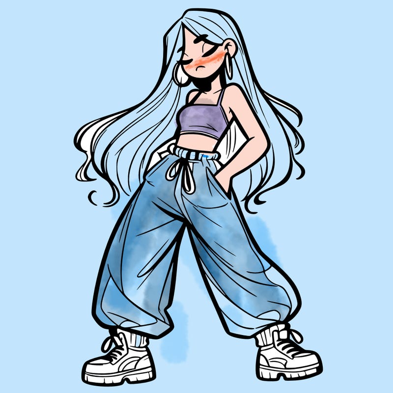girl in baggy pants crop top and long hair