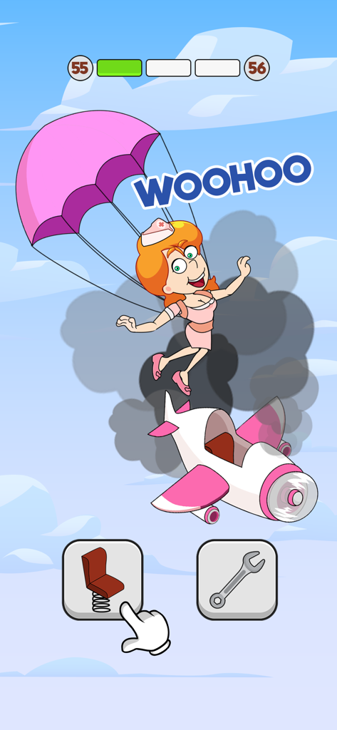 Save The Lady - Eine Cartoon-Frau in einem Krankenschwester-Outfit entkommt mit einem Fallschirm aus einem abstürzenden Flugzeug in Save The Lady Gameplay.