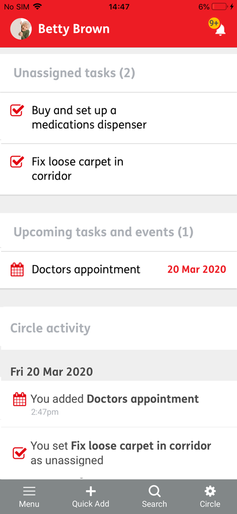 Jointly - Dashboard dell'app Jointly che mostra compiti non assegnati e appuntamenti medici imminenti per un cerchio di cura familiare