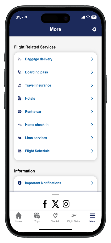 Kuwait Airways app menu showing flight related services including boarding pass and baggage delivery