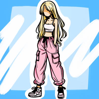 girl in baggy pants crop top and long hair