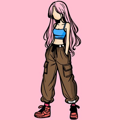 girl in baggy pants crop top and long hair