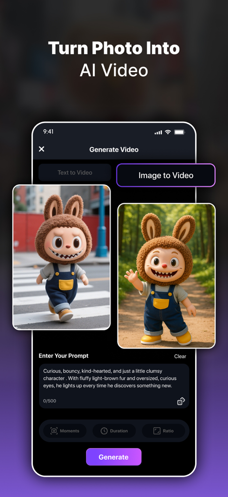 AI Video Generator - Visuals - Interface of the AI Visuals app showing a character photo being turned into a video using an image to video tool and text prompts.