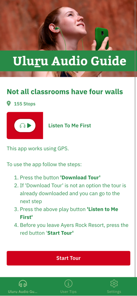Interface do aplicativo móvel Uluru Audio Guide mostrando etapas instrucionais para iniciar um tour acionado por GPS
