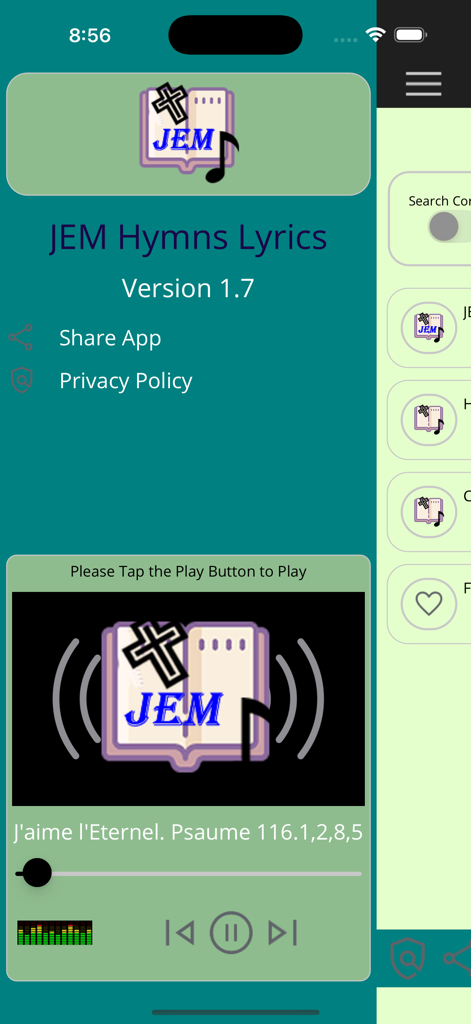 Interface of the JEM Hymns Lyrics app featuring an audio player for Christian hymns and a side menu for song selection.