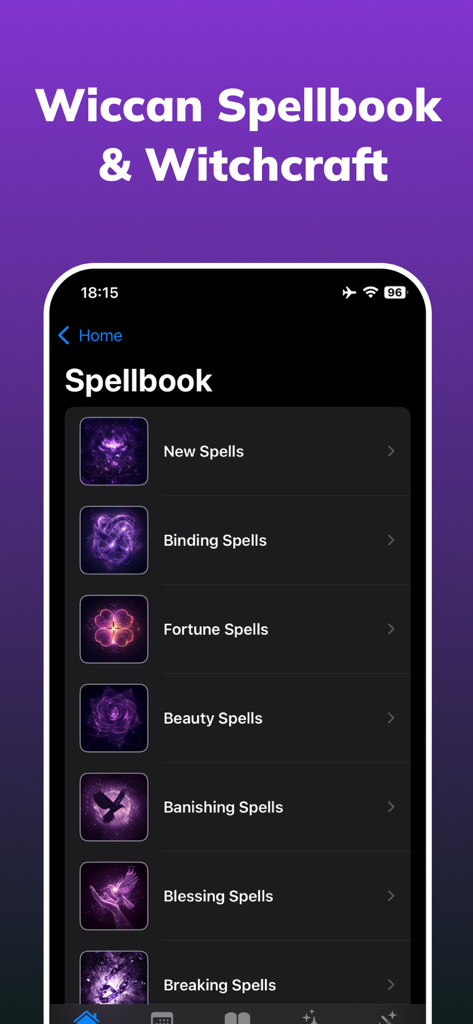 Wicca: Wiccan & Witchcraft - A menu screen of the Wicca app showing various spell categories like fortune, beauty, and blessing spells.