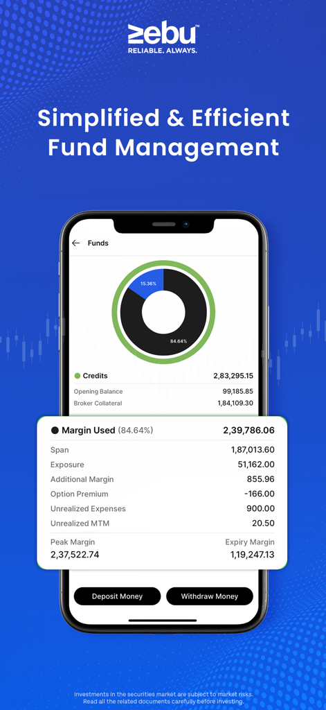 MYNT by Zebu - Invest & Trade - Pantalla de la aplicación MYNT by Zebu que muestra la gestión simplificada de fondos y los detalles de utilización del margen