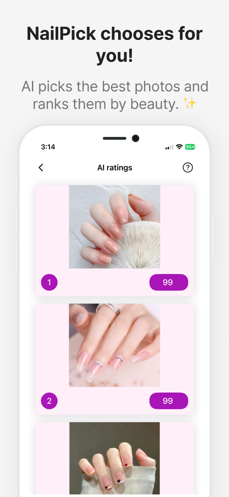 NailPick – AI for Nail Art - Interface of NailPick app ranking nail art photos by AI beauty scores