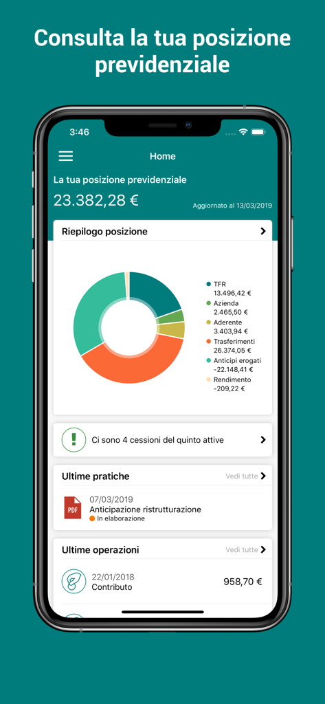 PreviAmbiente - Dashboard dell'app PreviAmbiente che mostra il riepilogo della posizione pensionistica e la ripartizione dei contributi