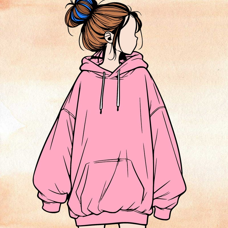 realistic girl with a oversized sweatshirt on and a bun