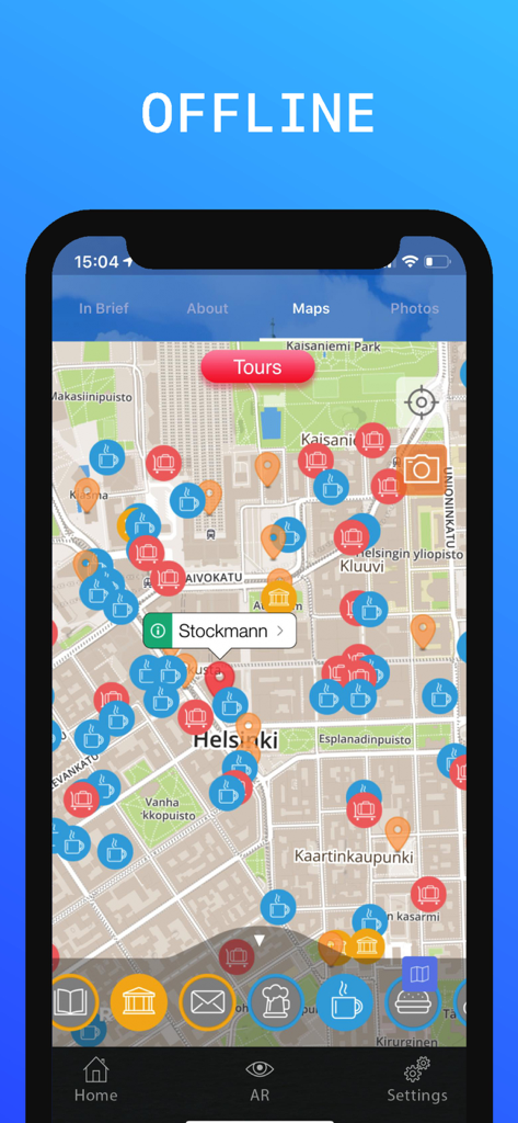 Interactive offline map of Helsinki with point of interest icons in the travel guide app