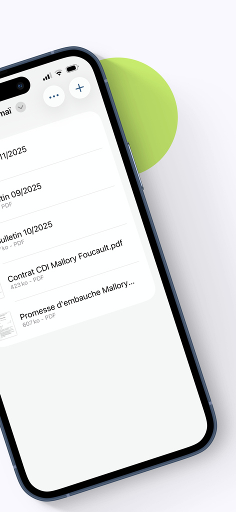 eDocPerso - Screenshot of the eDocPerso mobile app displaying a list of stored administrative documents and employment contracts