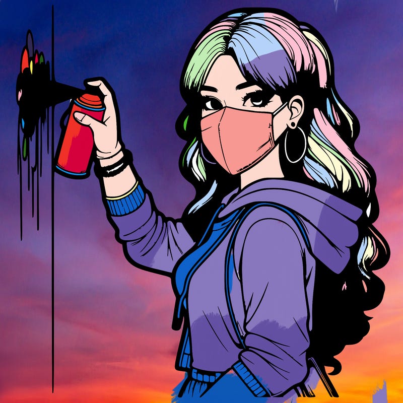 realistic girl with mask spray painting a wall