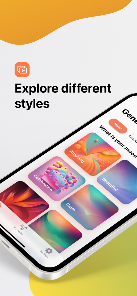 Music AI Creator・Melody Maker - Interface of the Music AI Creator app showing musical mood categories like amusing celebration and calm