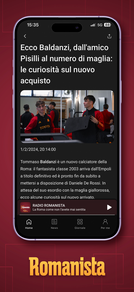 App Romanista - Artigo de notícia sobre o jogador Tommaso Baldanzi na interface móvel do App Romanista