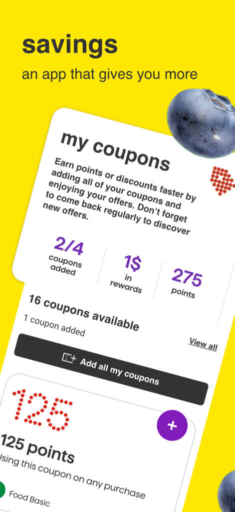 デジタルクーポンとMoiリワードポイントを管理するためのFood Basicsアプリのインターフェース