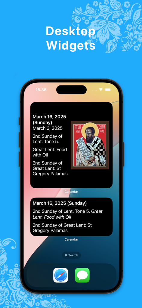 Pantalla de inicio de iPhone mostrando widgets de Calendario Ortodoxo con información litúrgica diaria e icono de santo