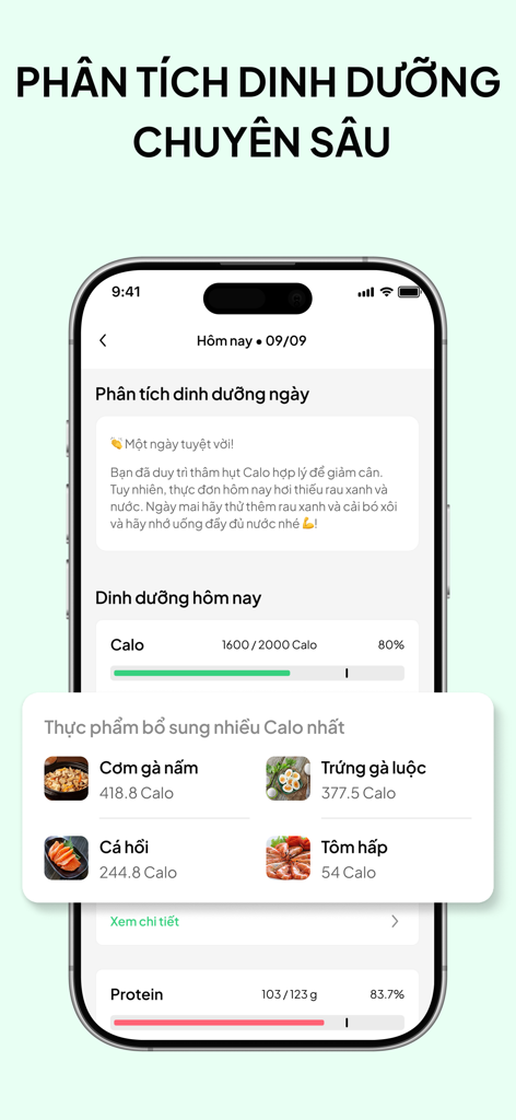 Schermata di analisi nutrizionale giornaliera sull'app Eatsy che mostra il tracciamento delle calorie e i registri alimentari per la cucina vietnamita