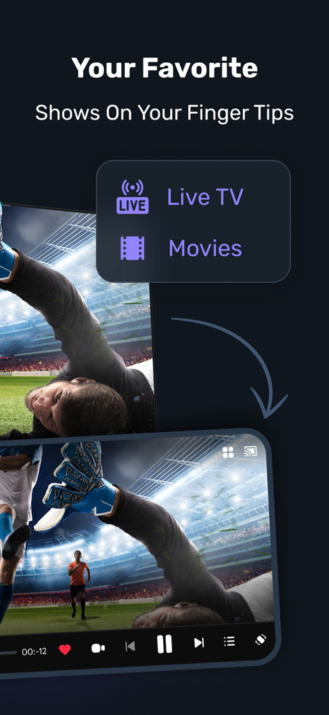 iPTV Smarters - Watch Live TV - Mobile interface of iPTV Smarters app showing a live soccer game and options for live TV and movies.