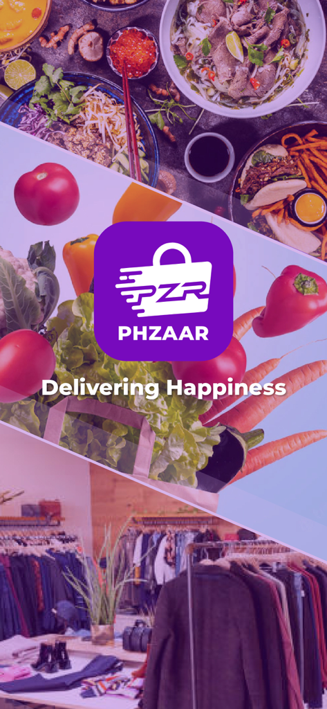 Phzaar - Phzaar app logo with food groceries and retail clothing background and the slogan Delivering Happiness