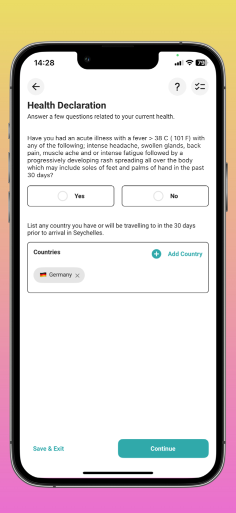 Health Declaration screen in the Seychelles E-Border app showing travel history and health questions
