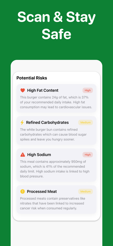AI Food Scanner - NutriScan - NutriScanアプリのスクリーンショットには、高脂肪および高ナトリウムレベルを含む、スキャンされた食品の潜在的な健康リスクが色分けで表示される
