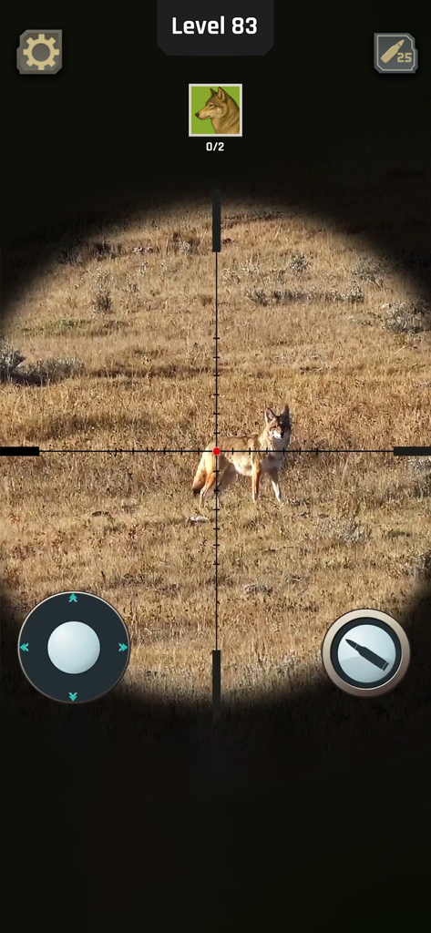 A wolf targeted through a sniper scope in the Animal Hunter game