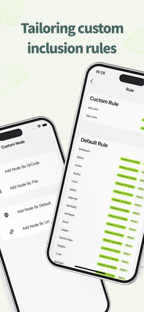 VPN – Black Cat Free VPN ™ - Two iPhone screens showing custom node options and inclusion rules in the Black Cat VPN app