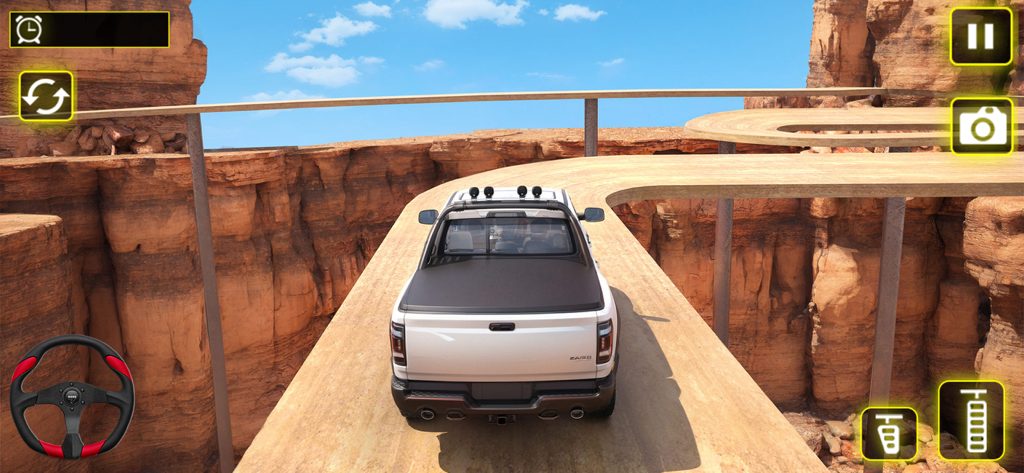 Jeep Rally Hill Offroad - A white pickup truck driving on a narrow elevated wooden track in a desert canyon landscape