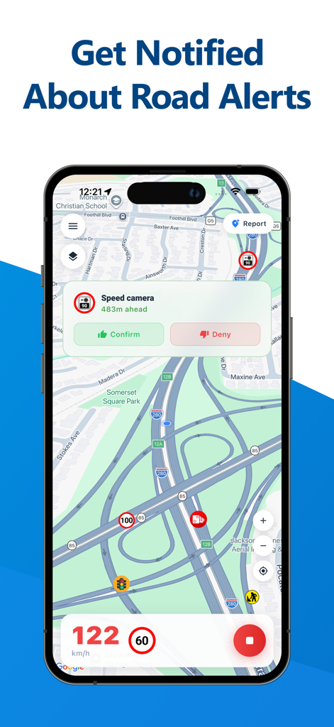 Speed Camera - Radar - Smartphone screen displaying a speed camera alert and real-time speedometer on a map navigation interface.