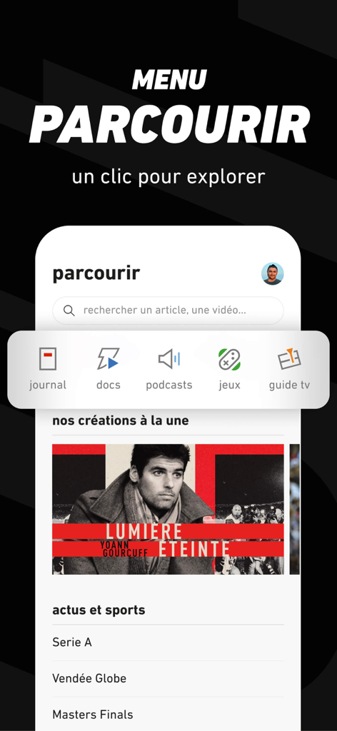 L’EQUIPE - live, sport, tv - L Equipe mobile app interface showing the browse menu with categories for news podcasts and sports documentaries