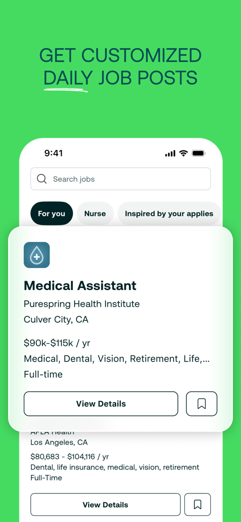 ZipRecruiter app interface showing customized daily job listings and search filters