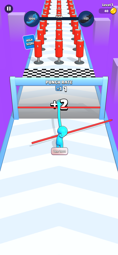 A blue character punching a gate to increase stats on a runner track in the Punch Machine mobile game