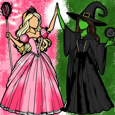 detailed realistic split of a princess and a witch